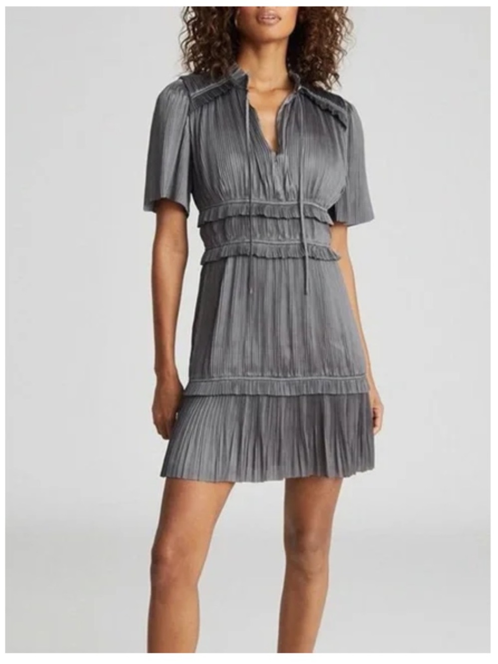 Reiss Gray Pleated V-Neck Mini Dress